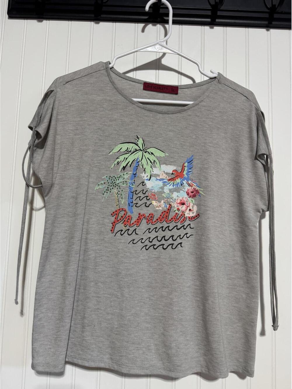 Love Scarlett Gray Paradise Tropical Rhinestone Tie Sleeve Graphic Tee Medium
